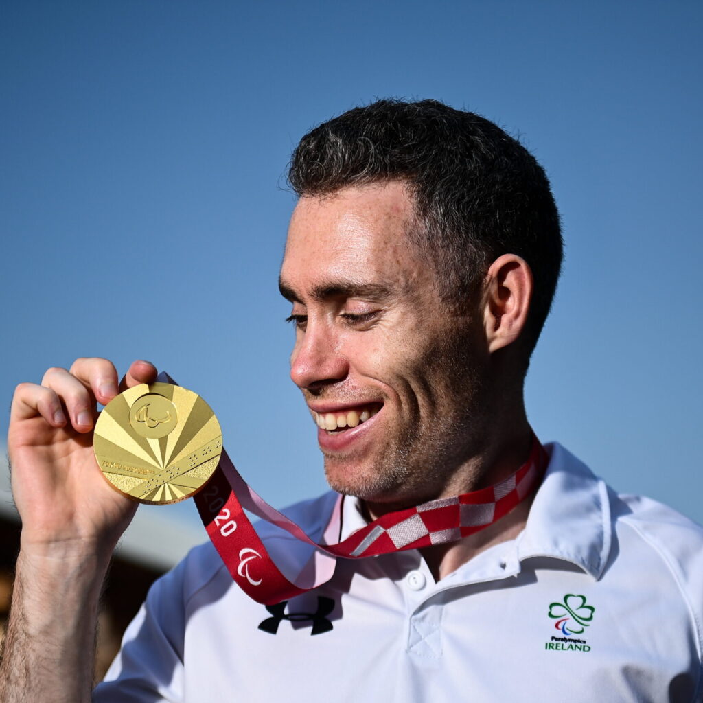 Jason Smyth of Ireland with his gold medal in the Athletes Village after he won the Men's T13 100 metre final in Tokyo.